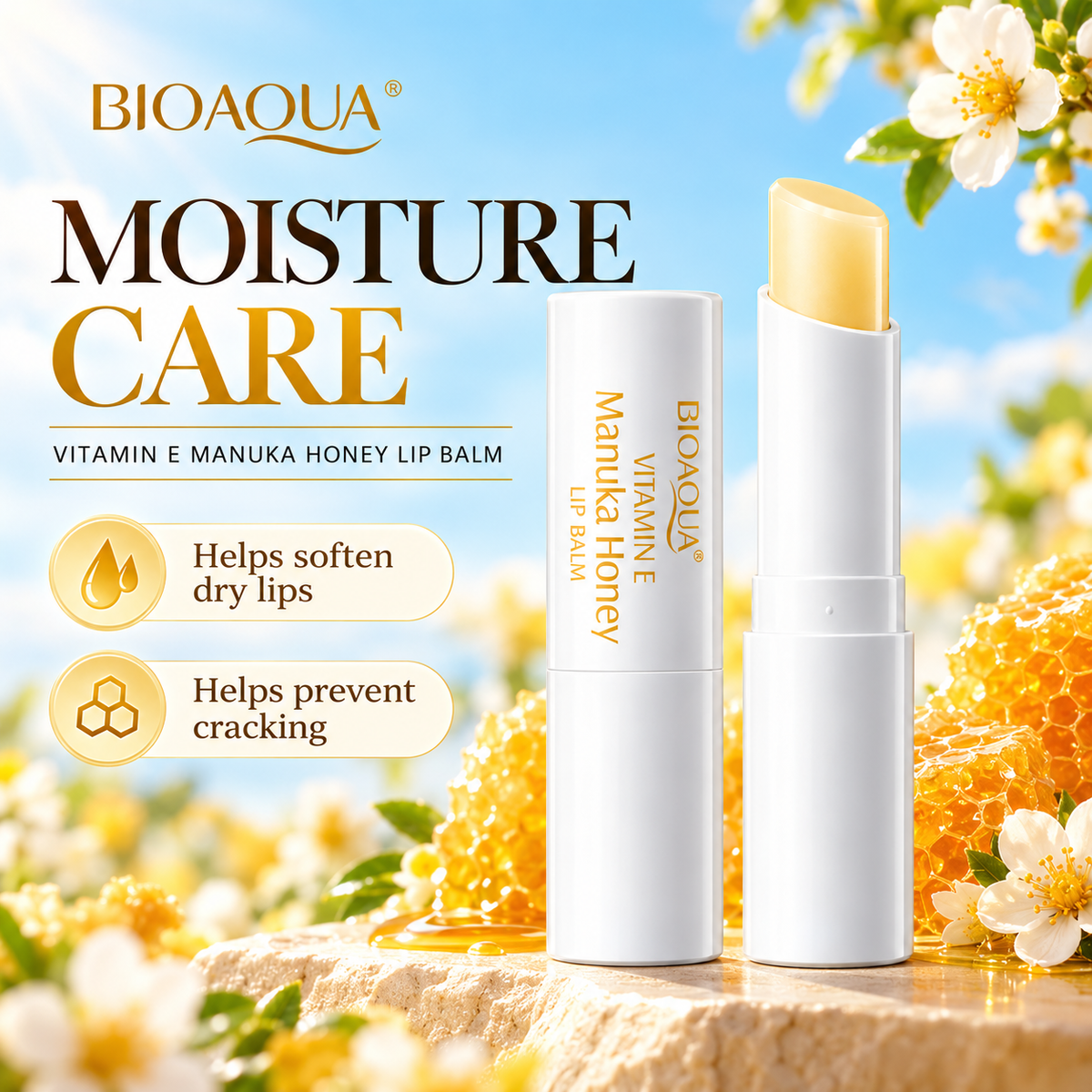 BIOAQUA Manuka Honey Lip Balm moisture care infographic