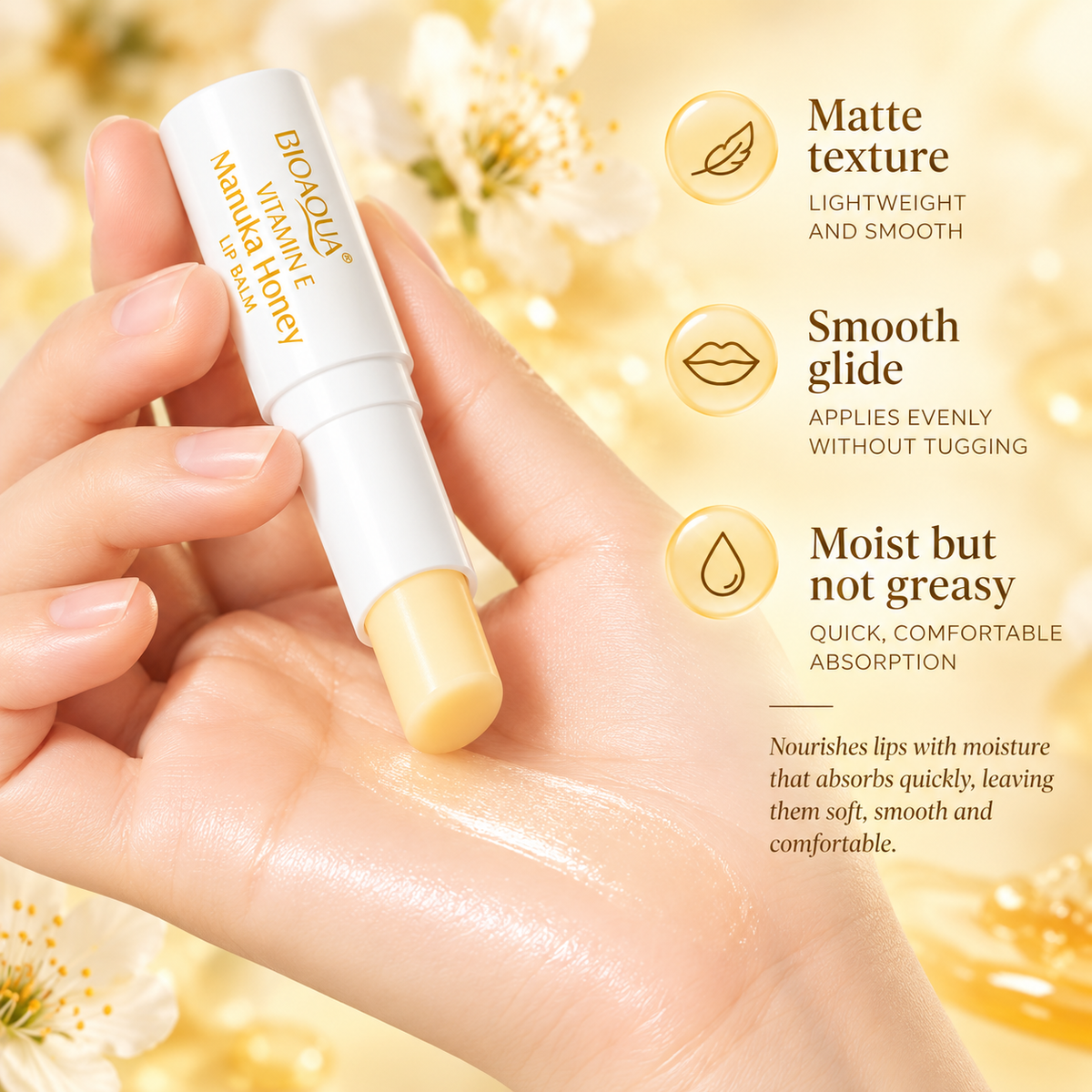 BIOAQUA Manuka Honey Lip Balm smooth texture infographic