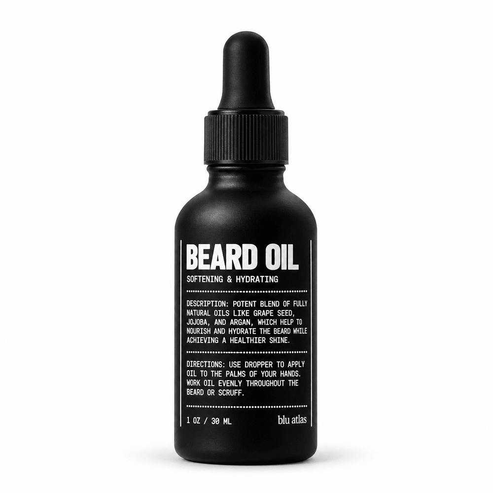 Blu Atlas Beard Oil 30 ml matte black dropper bottle on white