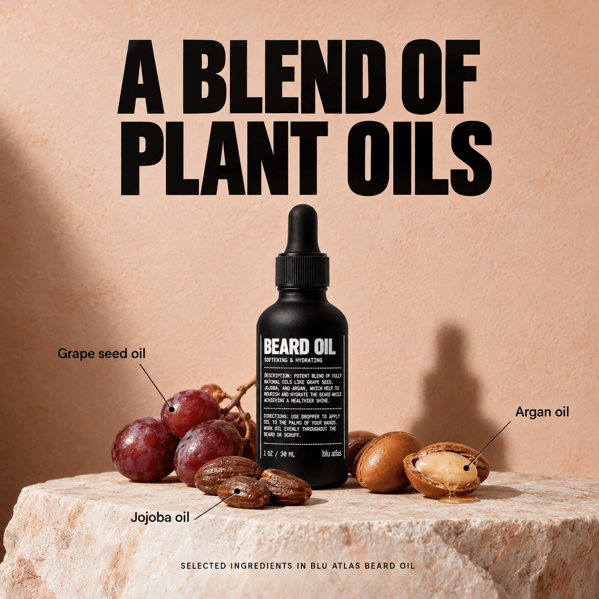 Grape seed jojoba and argan oils in Blu Atlas Beard Oil
