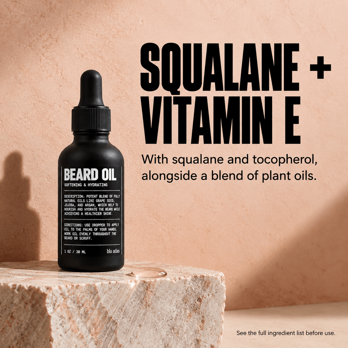 Squalane and tocopherol in Blu Atlas Beard Oil