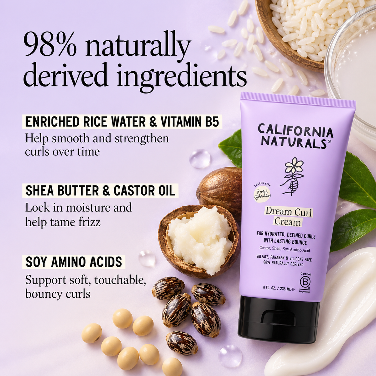 California Naturals Dream Curl Cream key ingredients including rice water, vitamin B5, shea butter, castor oil and soy amino acids