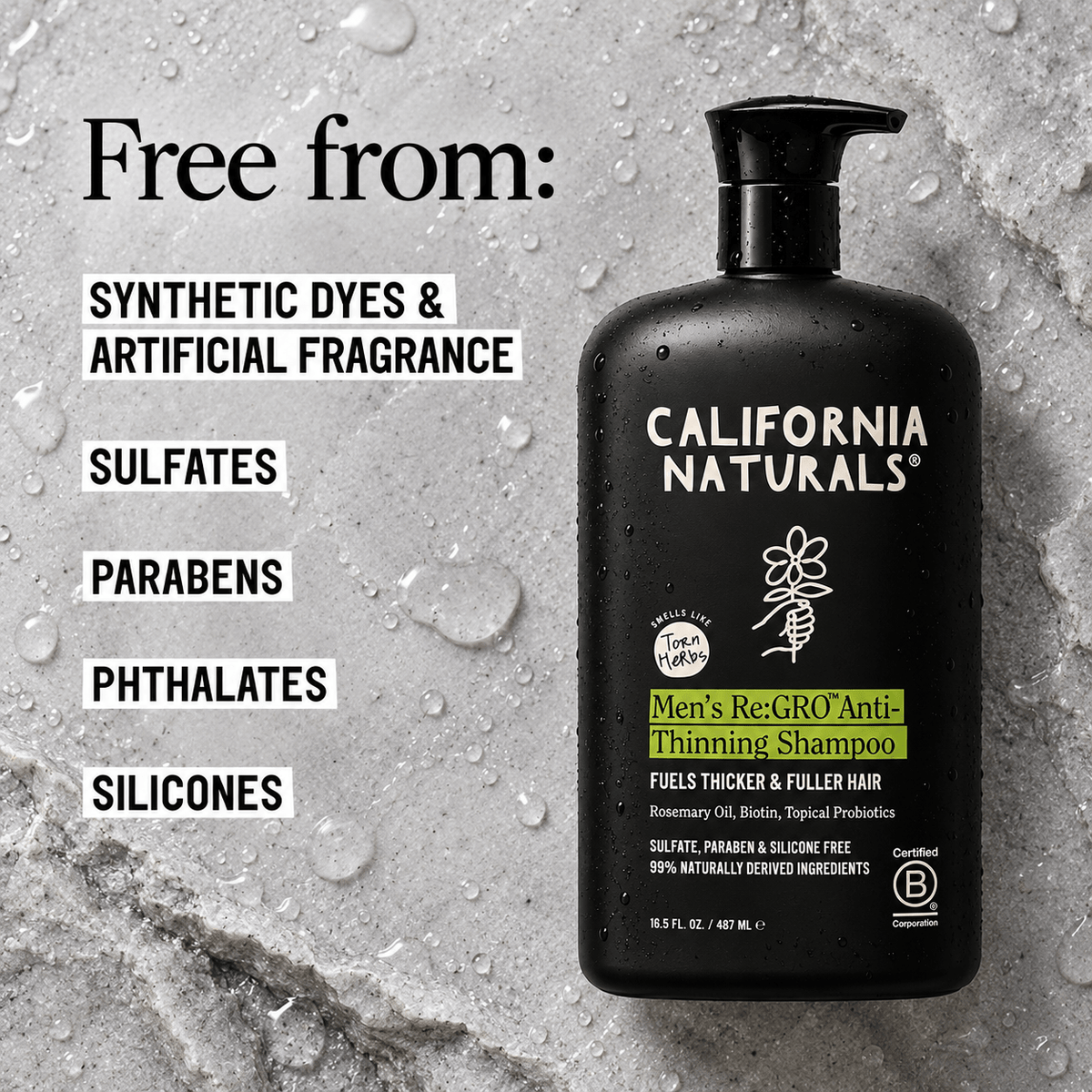 California Naturals Men's Re:GRO Shampoo free from synthetic dyes, artificial fragrance, sulfates, parabens, phthalates and silicones