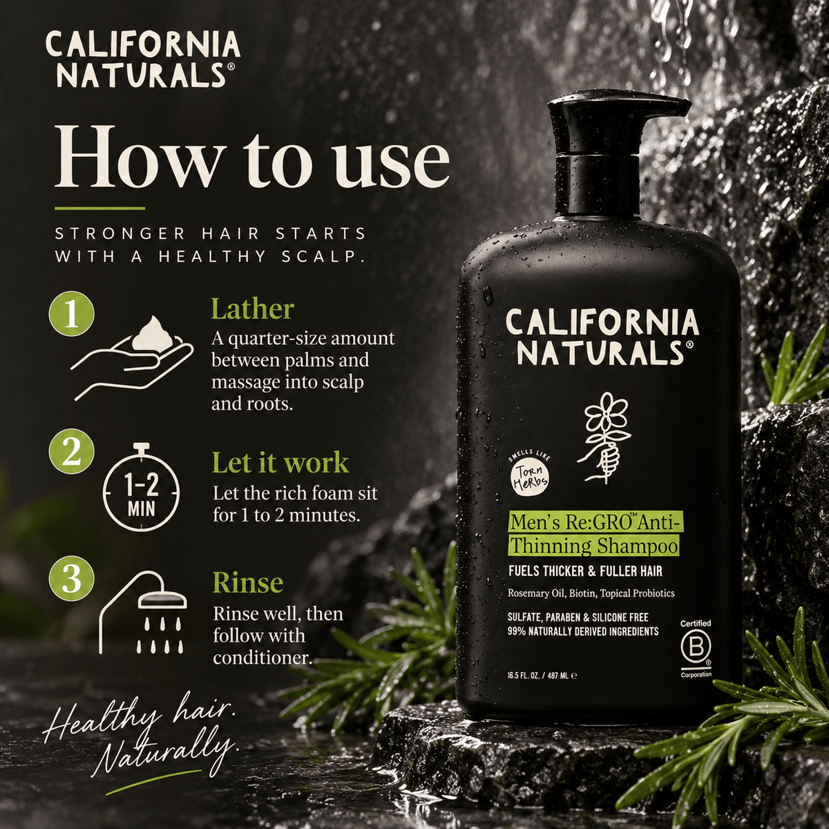 How to use California Naturals Men's Re:GRO Anti-Thinning Shampoo