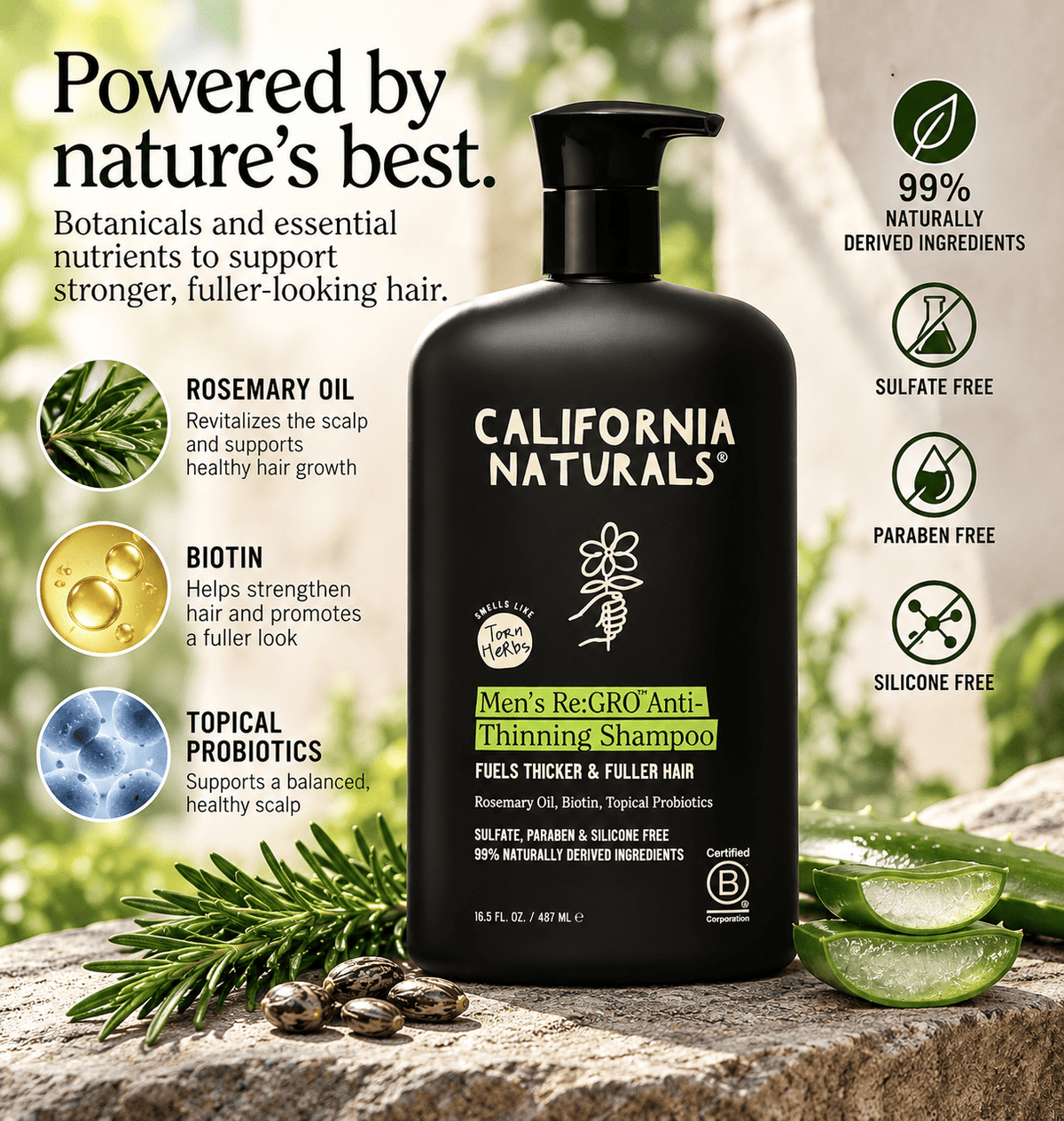 Key ingredients in California Naturals Men's Re:GRO Shampoo including rosemary oil, biotin and topical probiotics