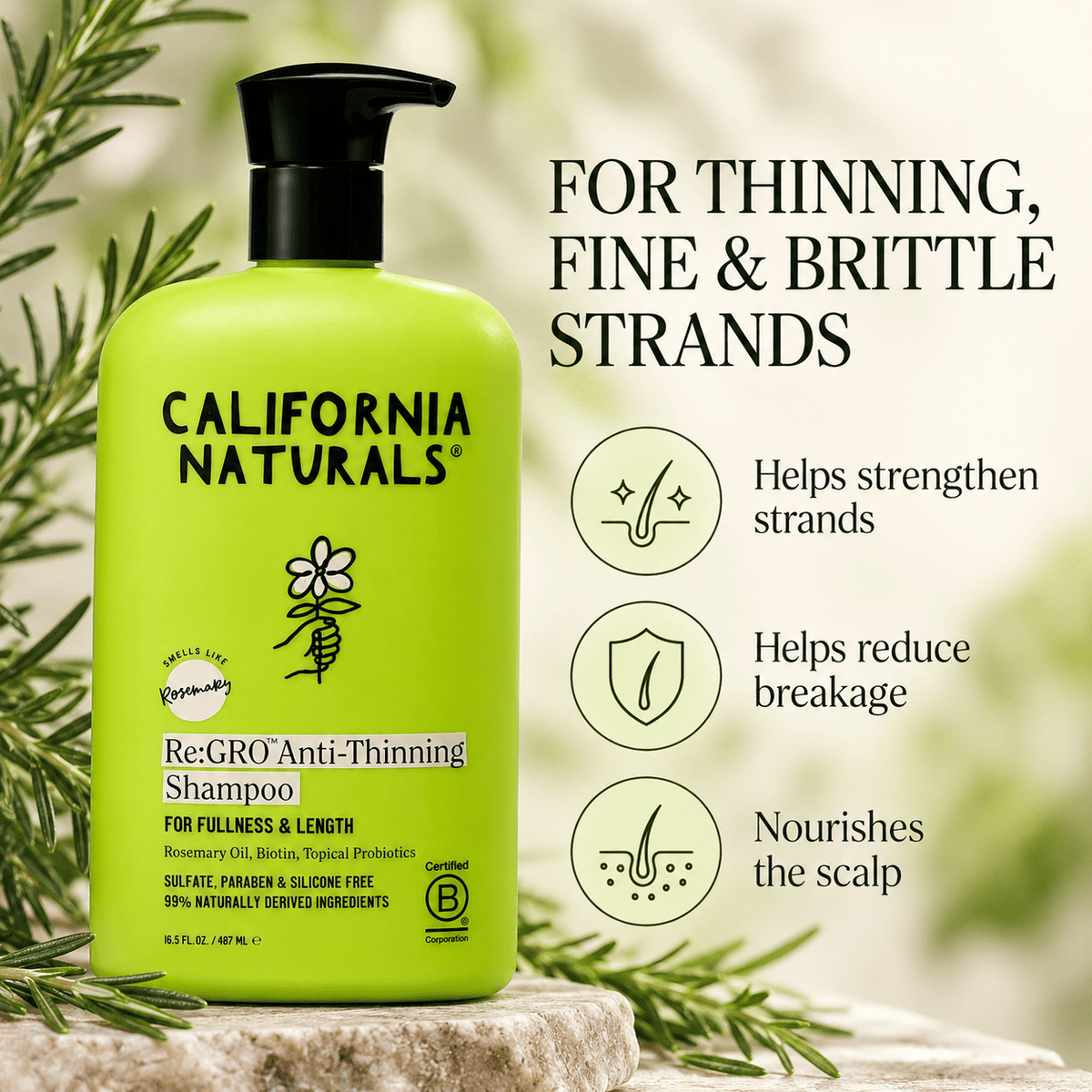 California Naturals Re:GRO benefits for thinning fine and brittle strands