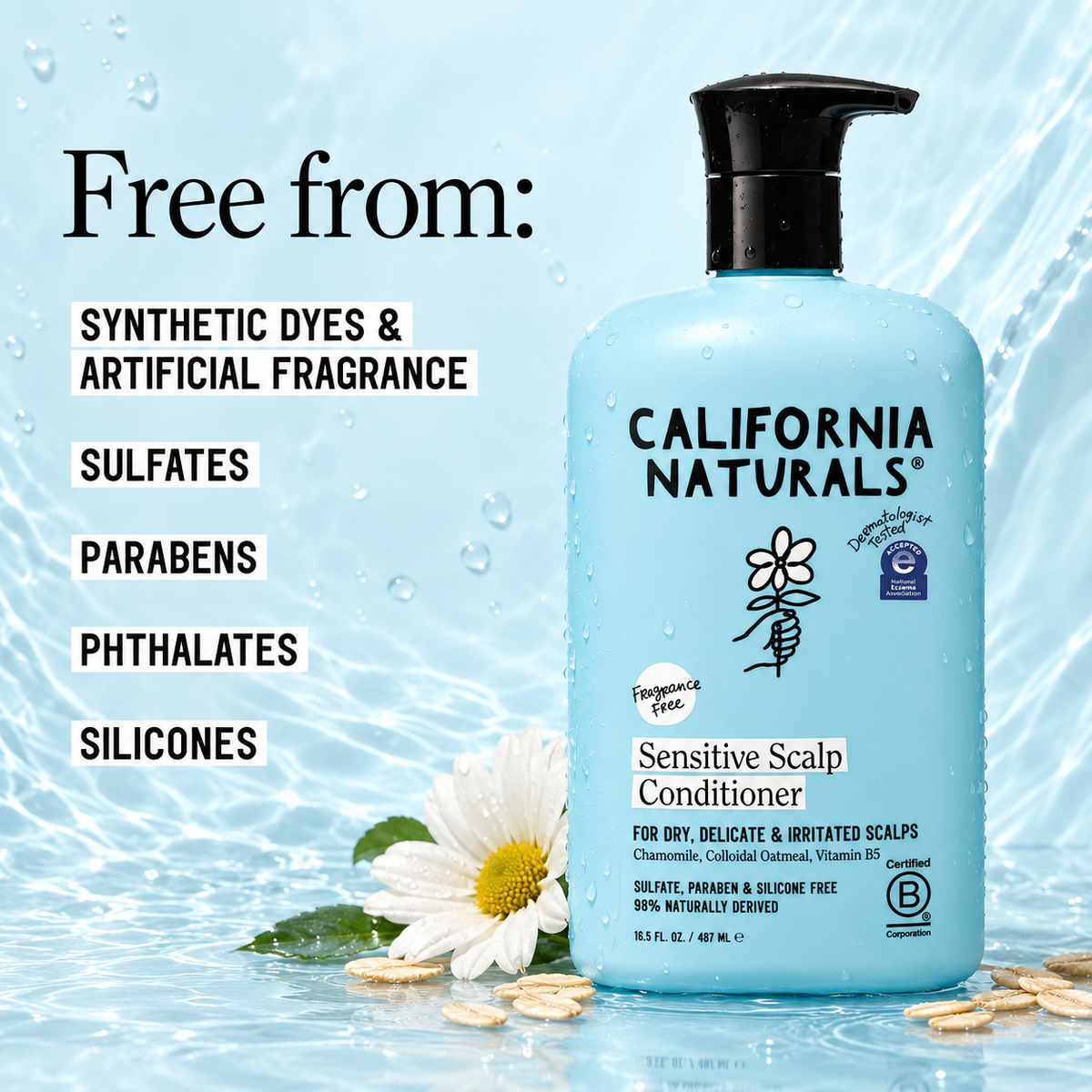 California Naturals Sensitive Scalp Conditioner free from synthetic dyes, artificial fragrance, sulfates, parabens, phthalates and silicones