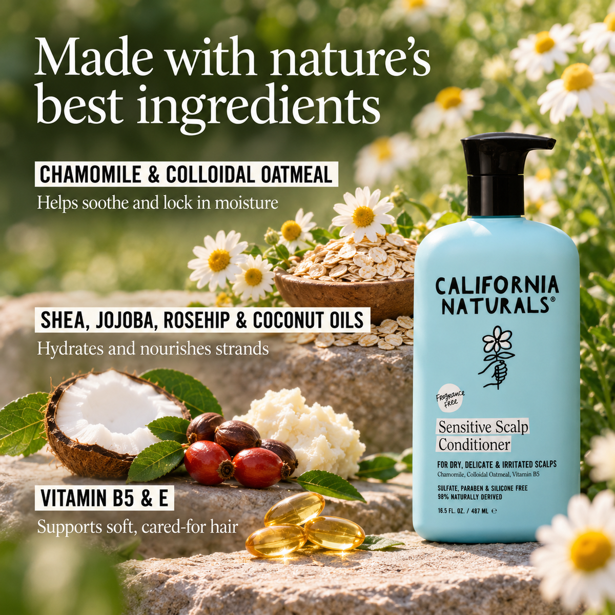 Key ingredients in California Naturals Sensitive Scalp Conditioner including chamomile, colloidal oatmeal, shea, jojoba, rosehip and coconut oils