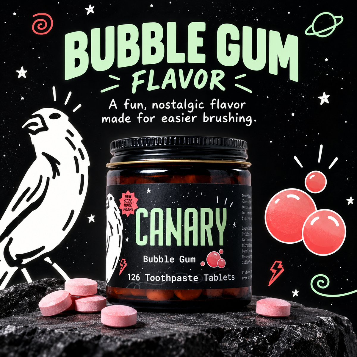 Canary Bubble Gum Toothpaste Tablets bubble gum flavor infographic