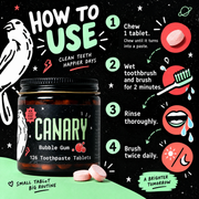 How to use Canary Bubble Gum Toothpaste Tablets infographic