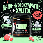 Canary Bubble Gum Toothpaste Tablets nano-hydroxyapatite and xylitol infographic
