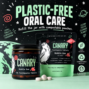 Canary Bubble Gum Toothpaste Tablets plastic-free oral care and compostable refill infographic