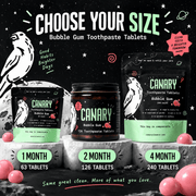 Canary Bubble Gum Toothpaste Tablets 63 126 and 240 count size comparison