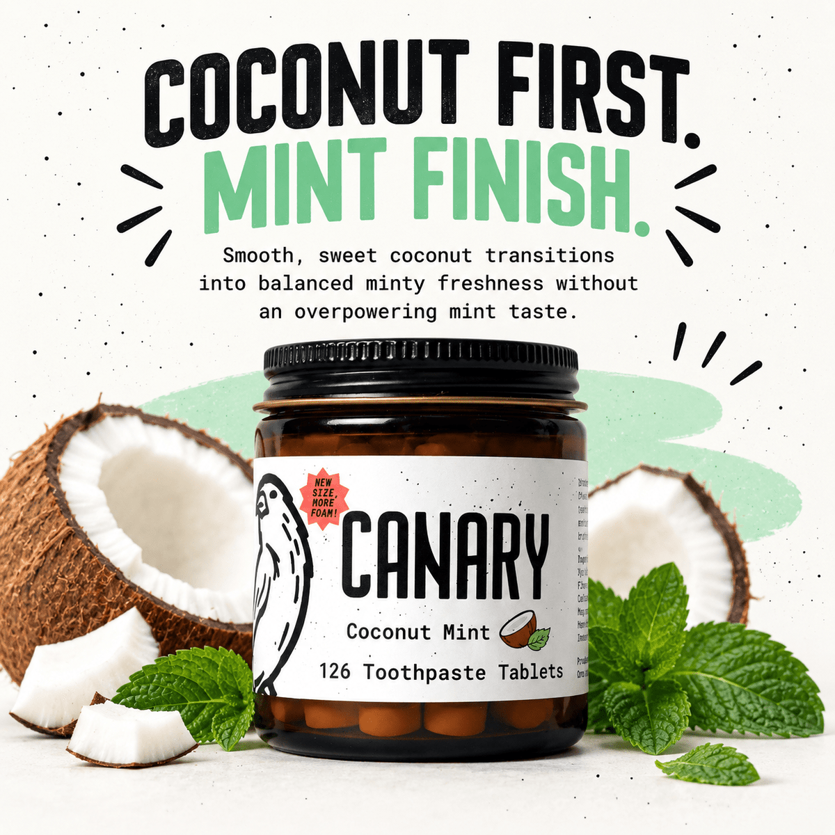 Canary Coconut Mint Toothpaste Tablets coconut first mint finish infographic