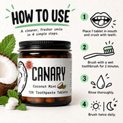 How to use Canary Coconut Mint Toothpaste Tablets infographic