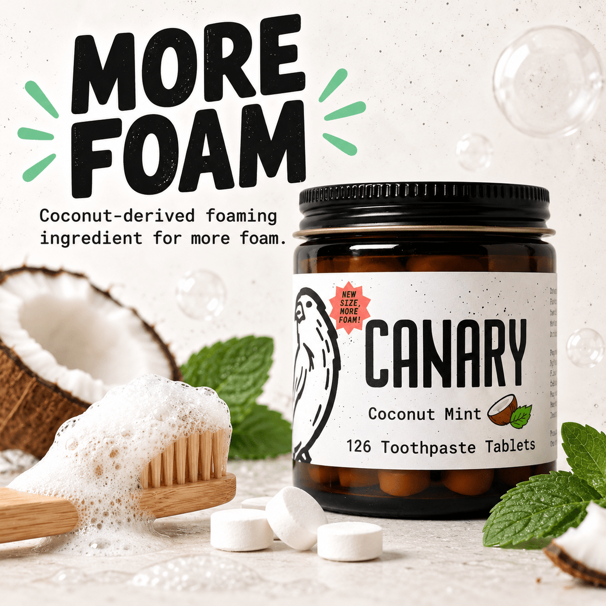 Canary Coconut Mint Toothpaste Tablets more foam infographic