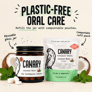 Canary Coconut Mint Toothpaste Tablets plastic-free oral care and compostable refill infographic