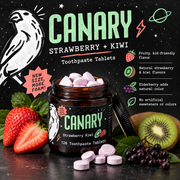 Canary Strawberry Kiwi Toothpaste Tablets fruit flavor and elderberry natural color infographic