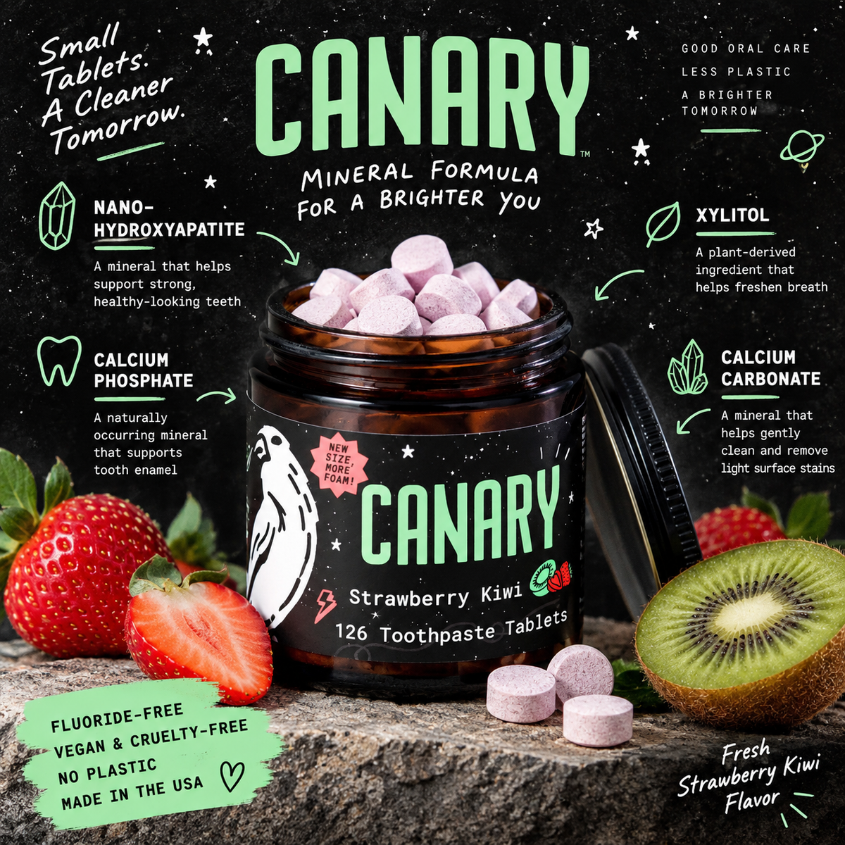 Canary Strawberry Kiwi Toothpaste Tablets mineral formula with nano hydroxyapatite xylitol and calcium minerals