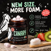 Canary Strawberry Kiwi Toothpaste Tablets updated foaming formula infographic