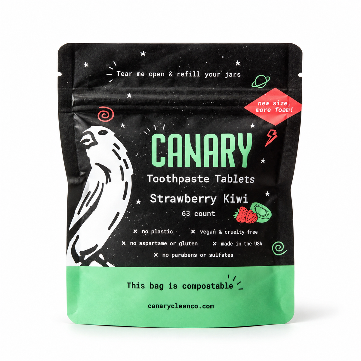 Canary Strawberry Kiwi Toothpaste Tablets 63 count sample pouch