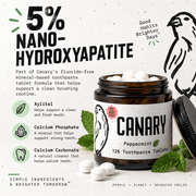 Canary Peppermint Toothpaste Tablets 5 percent nano hydroxyapatite formula infographic
