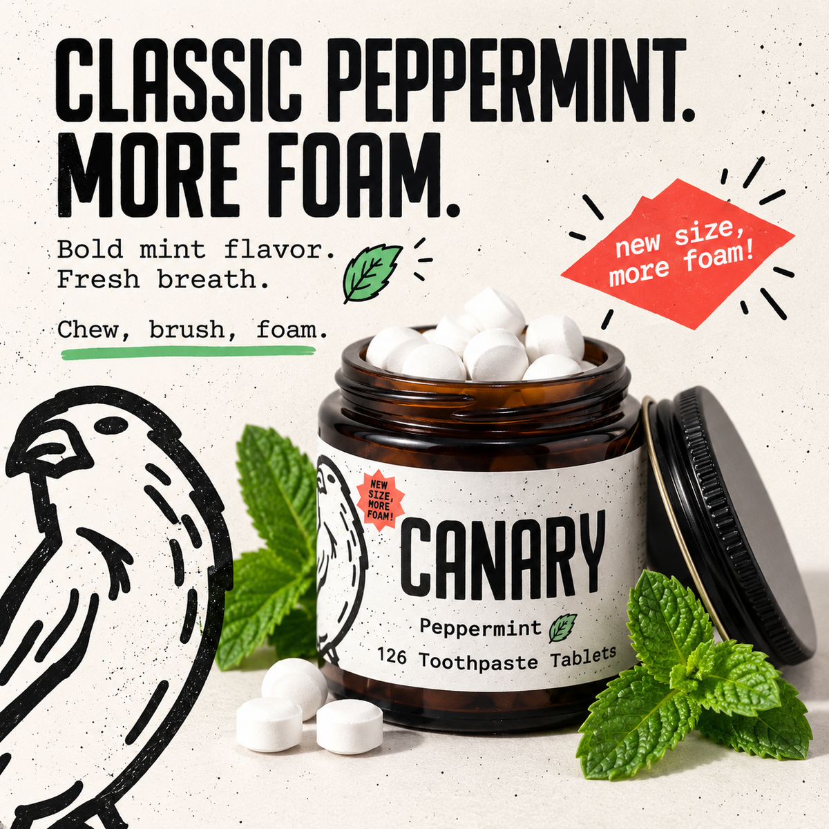 Canary Peppermint Toothpaste Tablets peppermint flavor and more foam infographic