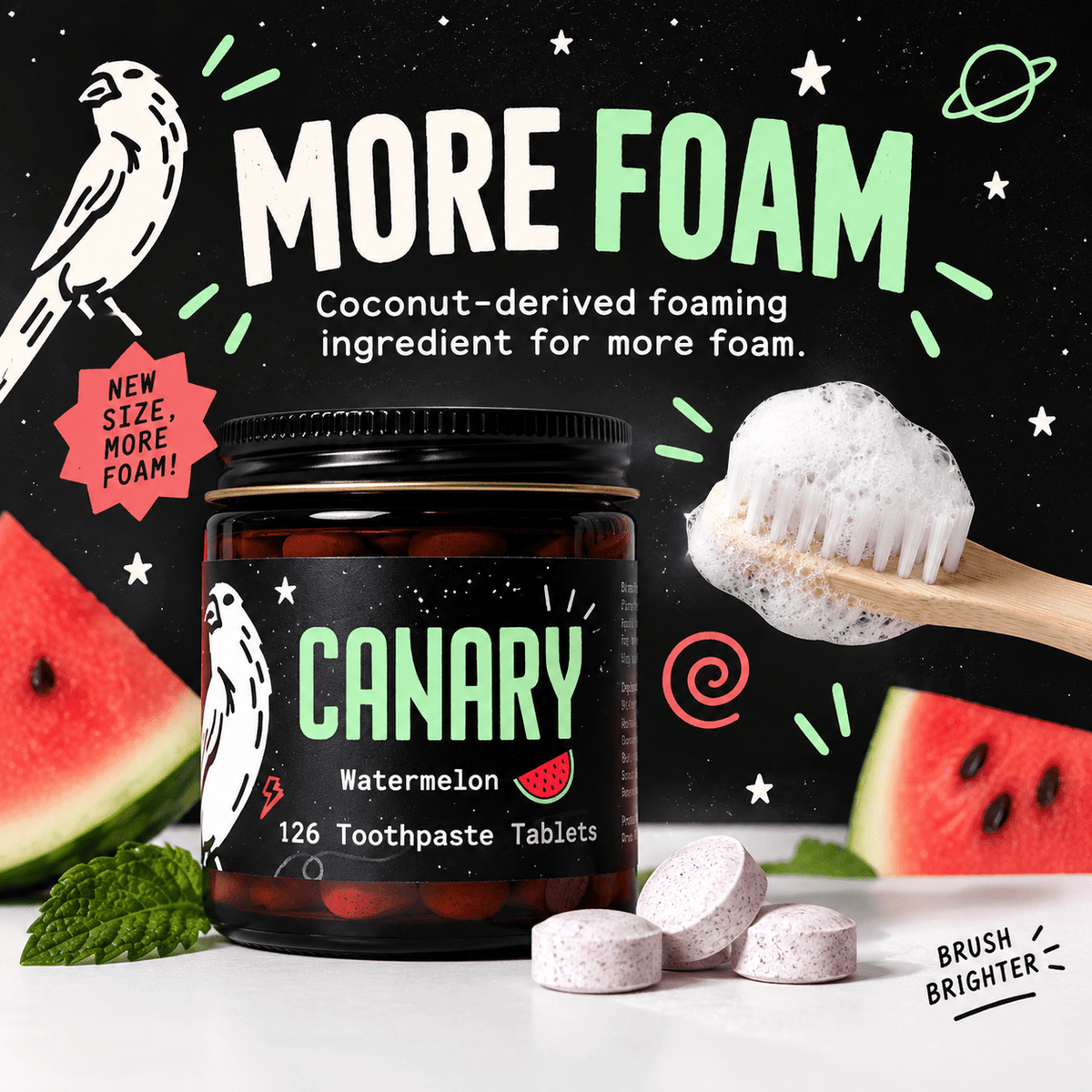 Canary Watermelon Toothpaste Tablets more foam infographic