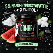 Canary Watermelon Toothpaste Tablets 5 percent nano hydroxyapatite xylitol and elderberry infographic