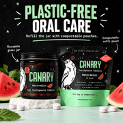 Canary Watermelon Toothpaste Tablets plastic-free oral care and compostable refill infographic