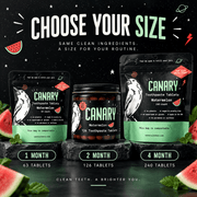 Canary Watermelon Toothpaste Tablets 63 126 and 240 count size comparison