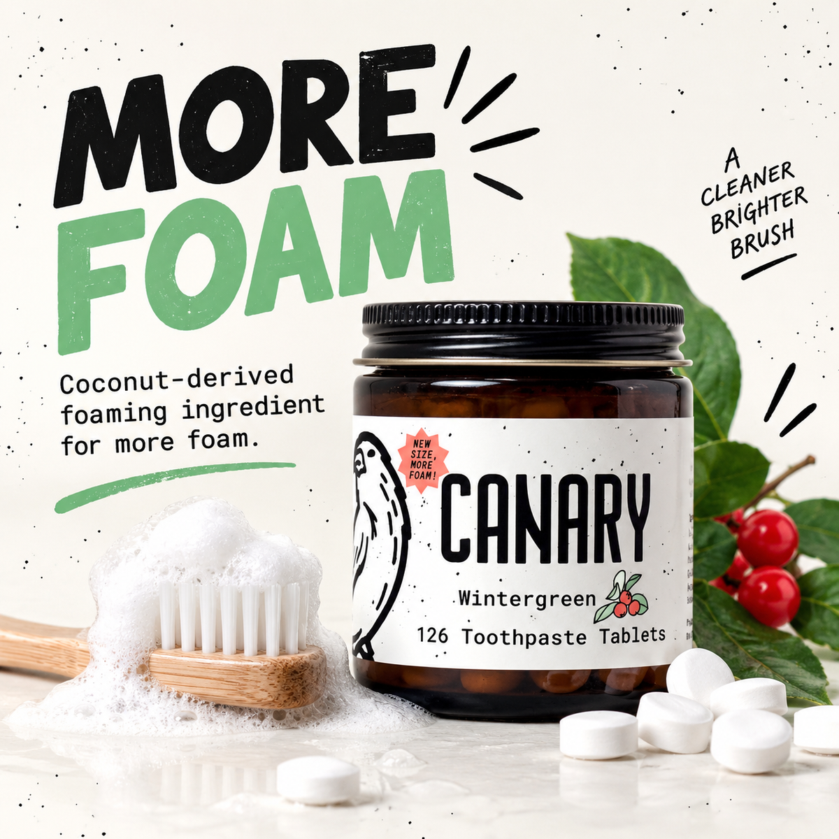 Canary Wintergreen Toothpaste Tablets more foam infographic