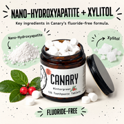 Canary Wintergreen Toothpaste Tablets nano-hydroxyapatite and xylitol infographic