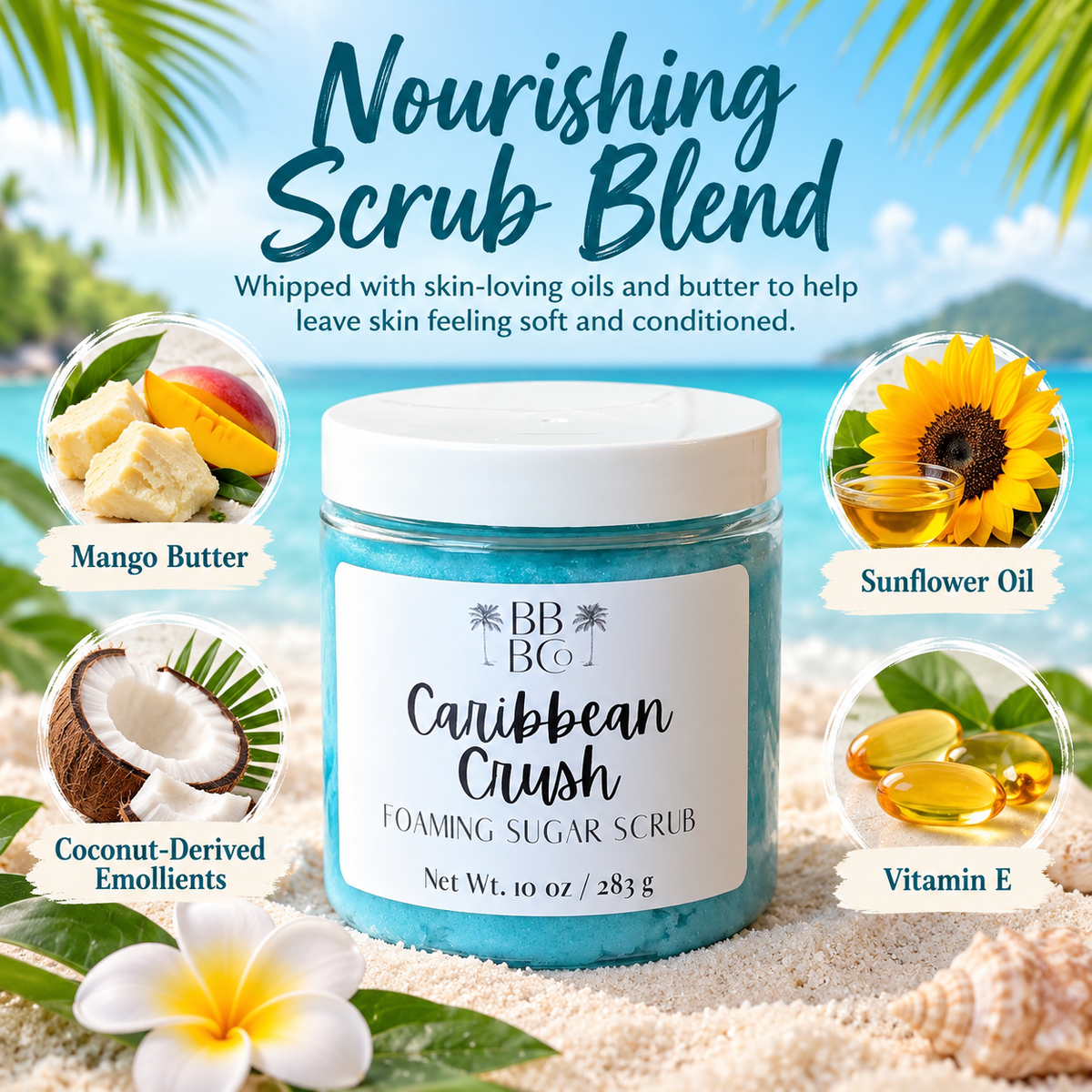 Caribbean Crush mango butter sunflower oil coconut-derived emollients vitamin E ingredients