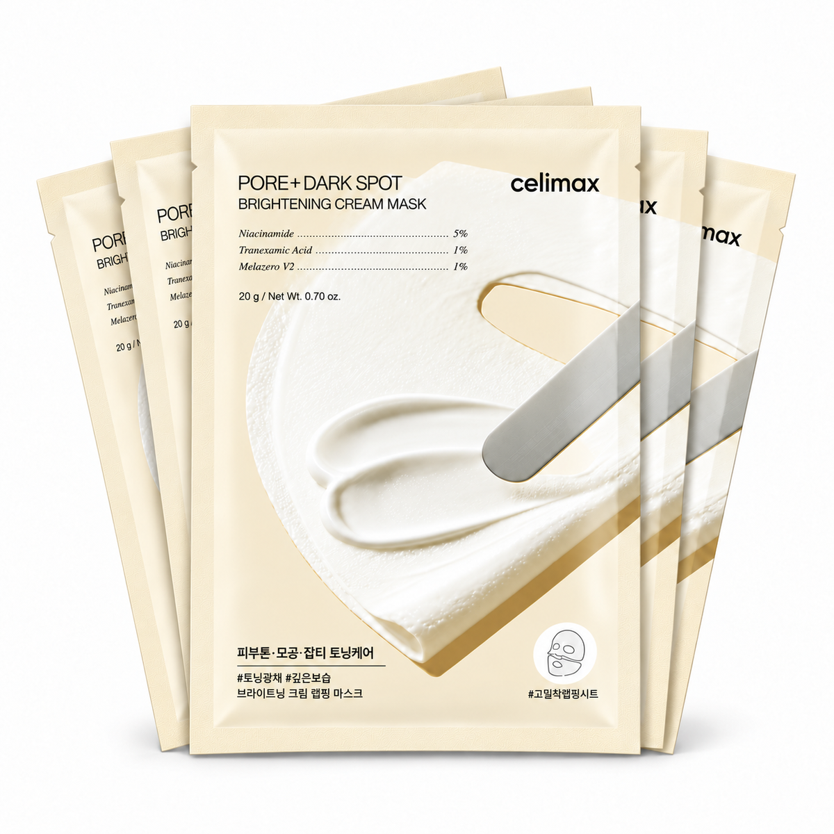 celimax Pore + Dark Spot Brightening Cream Mask five individually sealed 20g masks on white