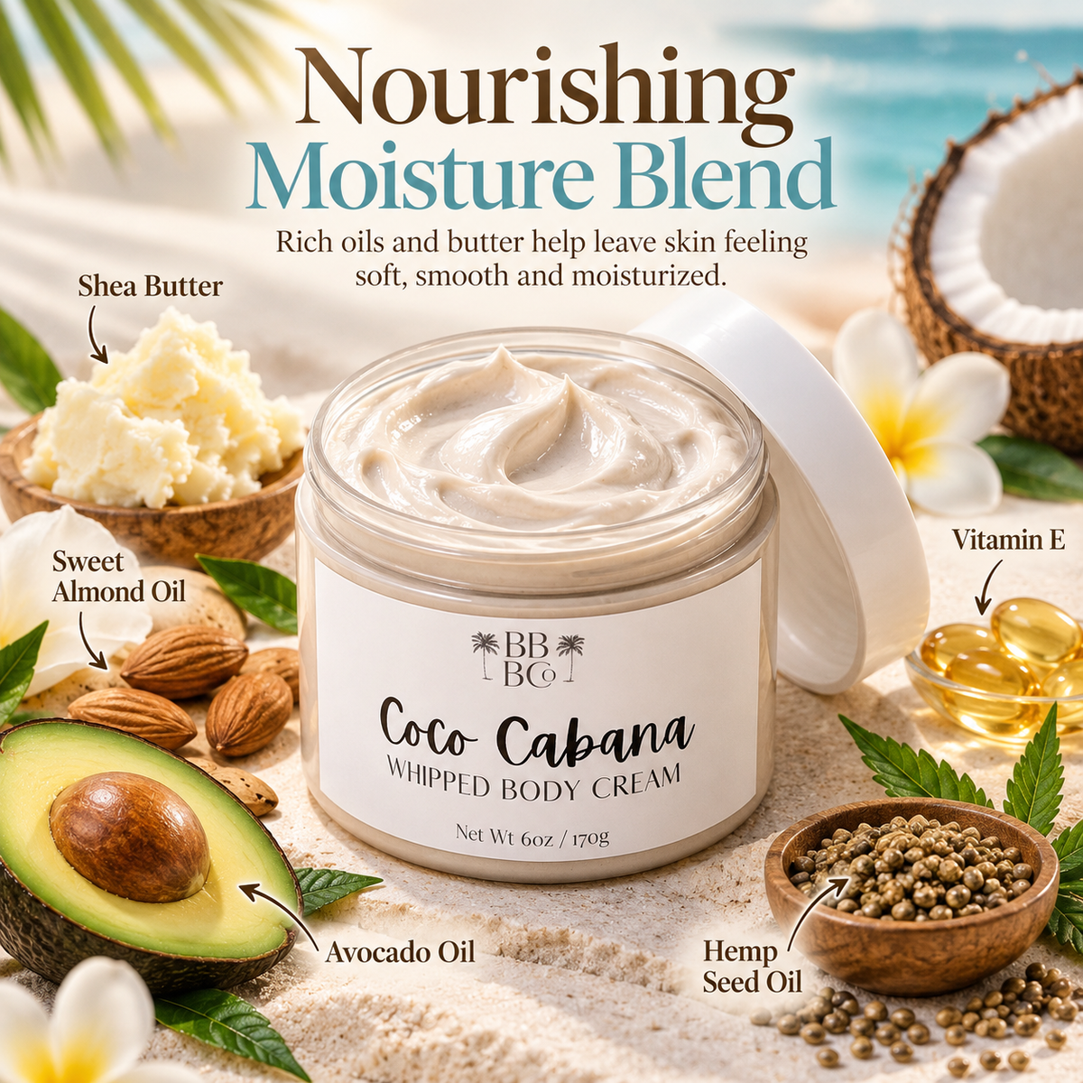 Coco Cabana body cream shea butter almond avocado hemp seed vitamin E ingredients