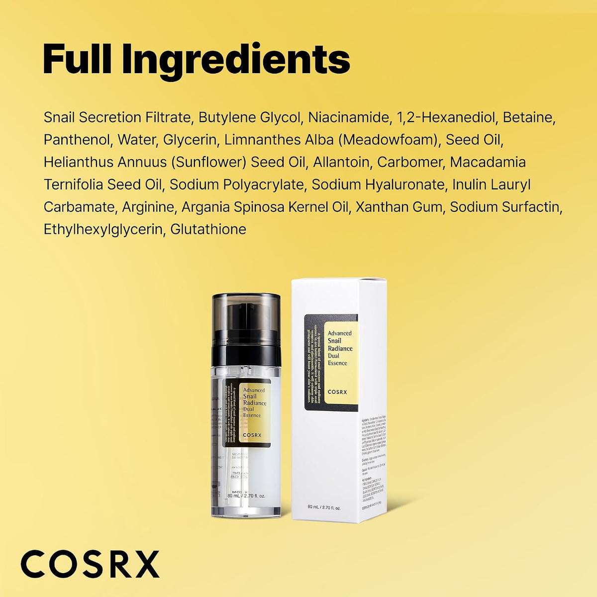 COSRX Advanced Snail Radiance Dual Essence 80mL - Full ingredients - English Amazon panel