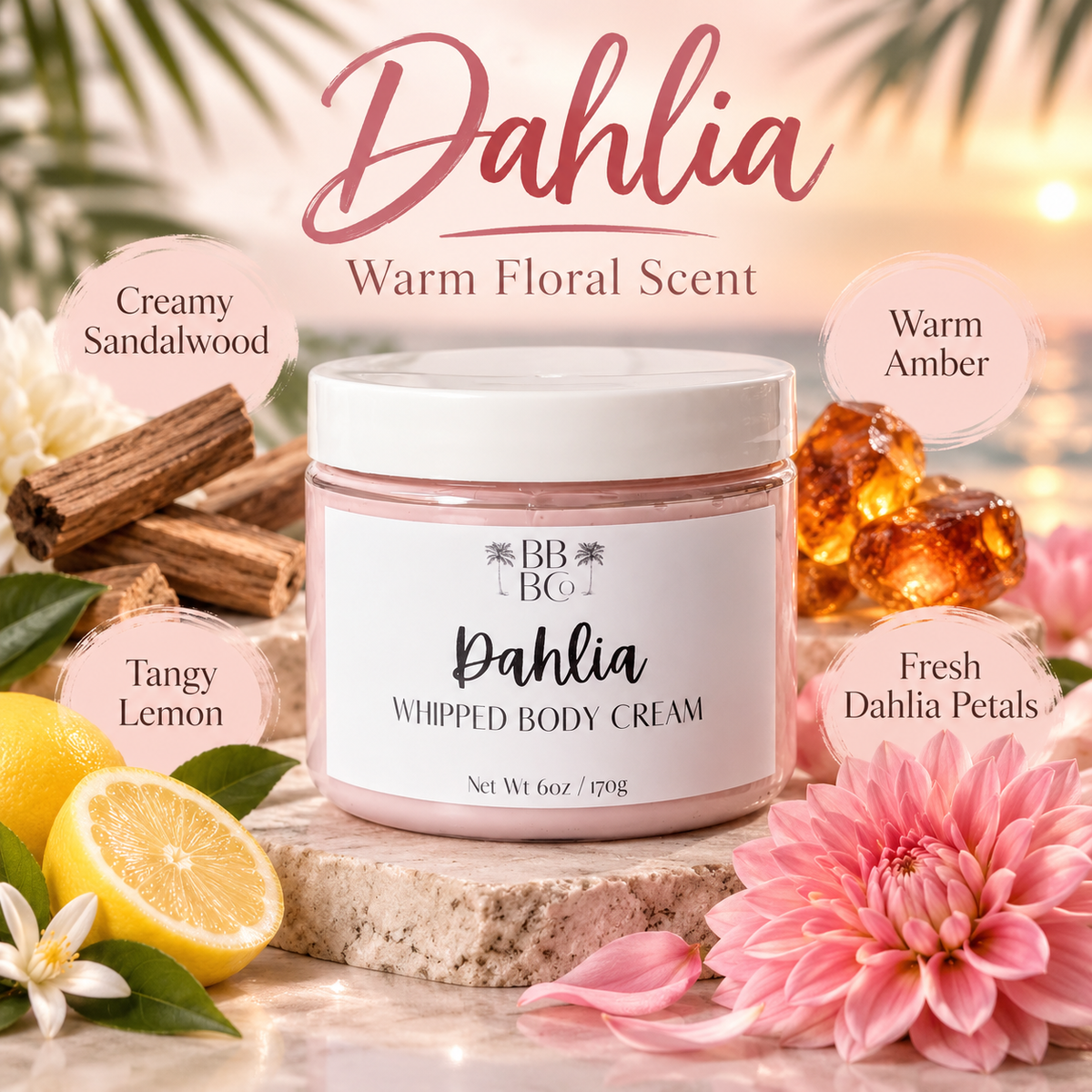 Dahlia creamy sandalwood amber lemon floral scent notes
