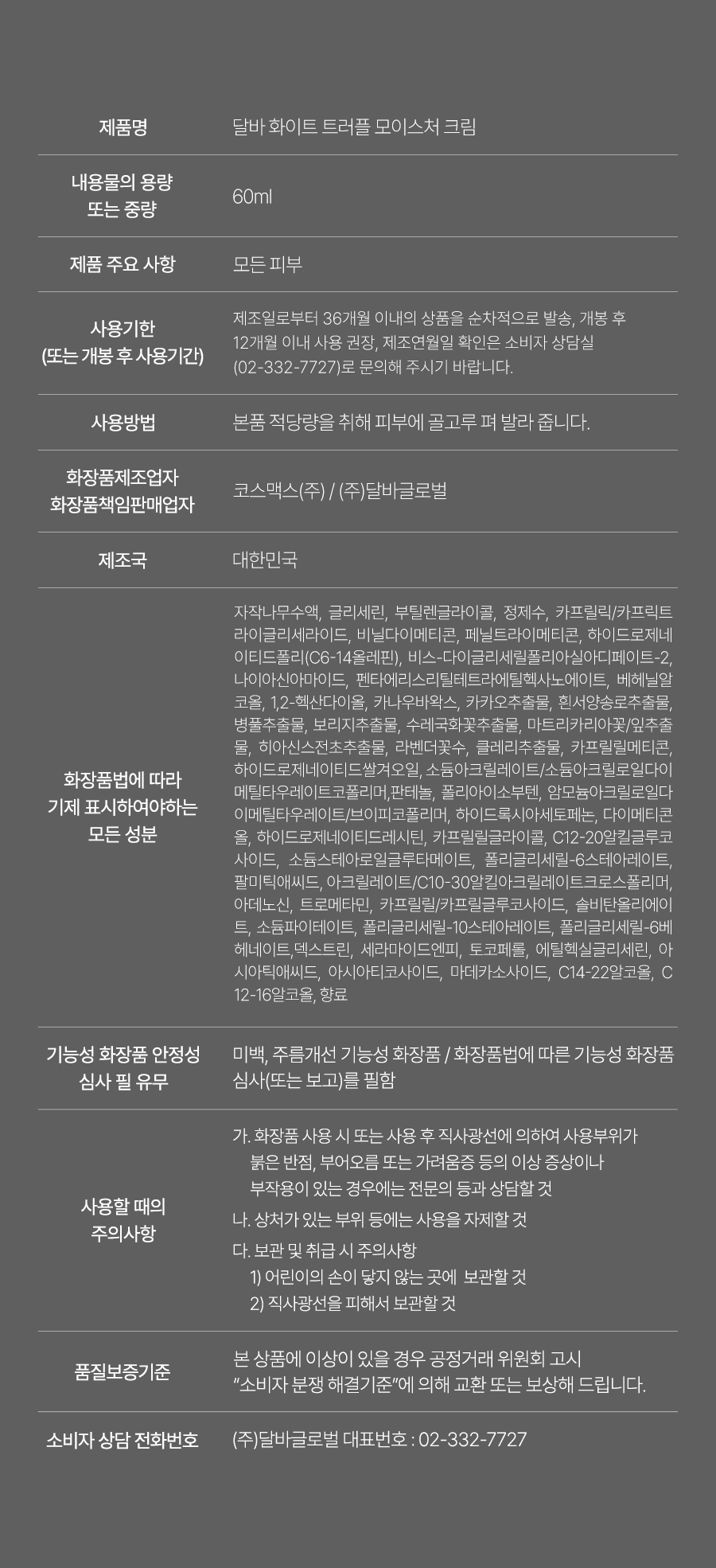 d'Alba Product specifications full ingredients and precautions