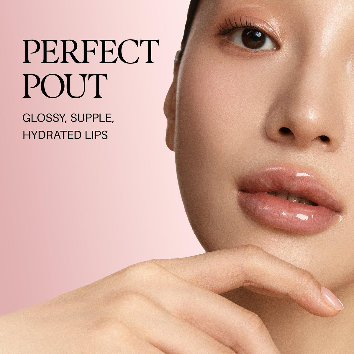 d'Alba Plumping Lip Glow Shade-specific on-model wear appearance: Perfect Pout, glossy/supple/hydrated lips