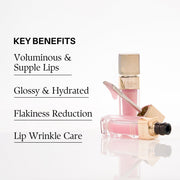 d'Alba Plumping Lip Glow Key Benefits infographic with exact shade product