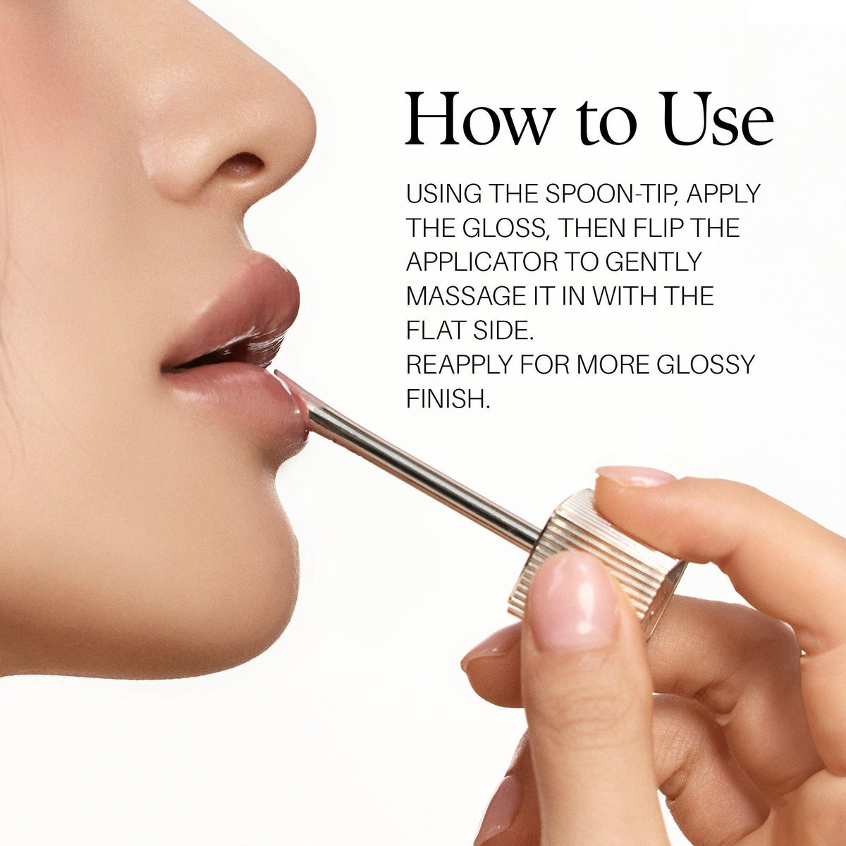 d'Alba Plumping Lip Glow How to Use gold spoon-tip/flat-side directions with lip application