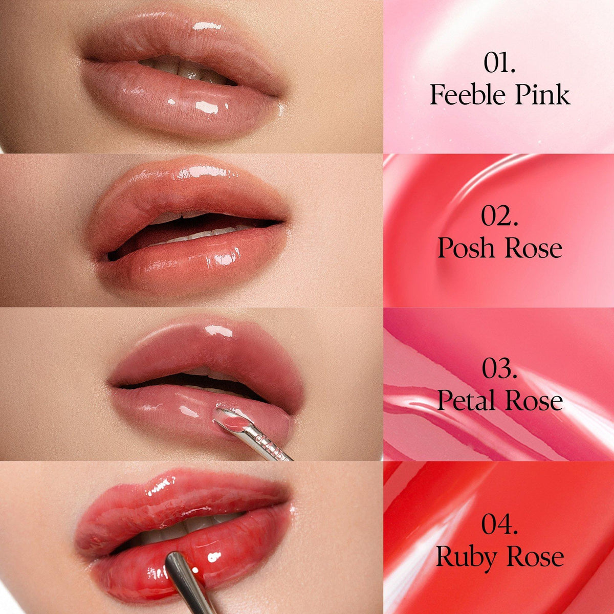 d'Alba Plumping Lip Glow Four-shade comparison on lips and named color swatches