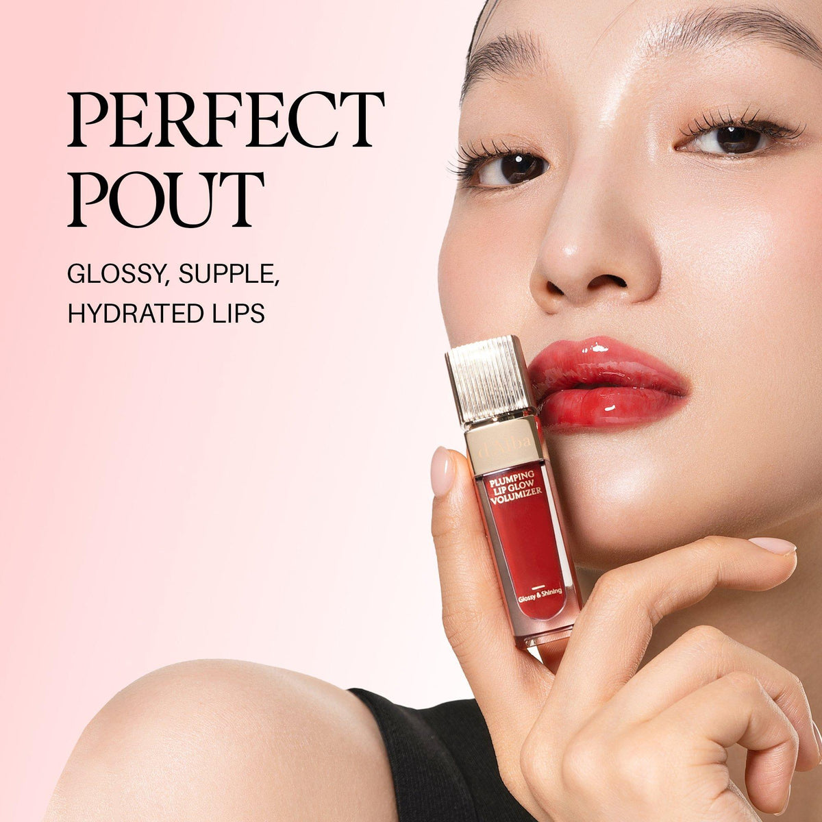 d'Alba Plumping Lip Glow Shade-specific on-model wear appearance: Perfect Pout, glossy/supple/hydrated lips
