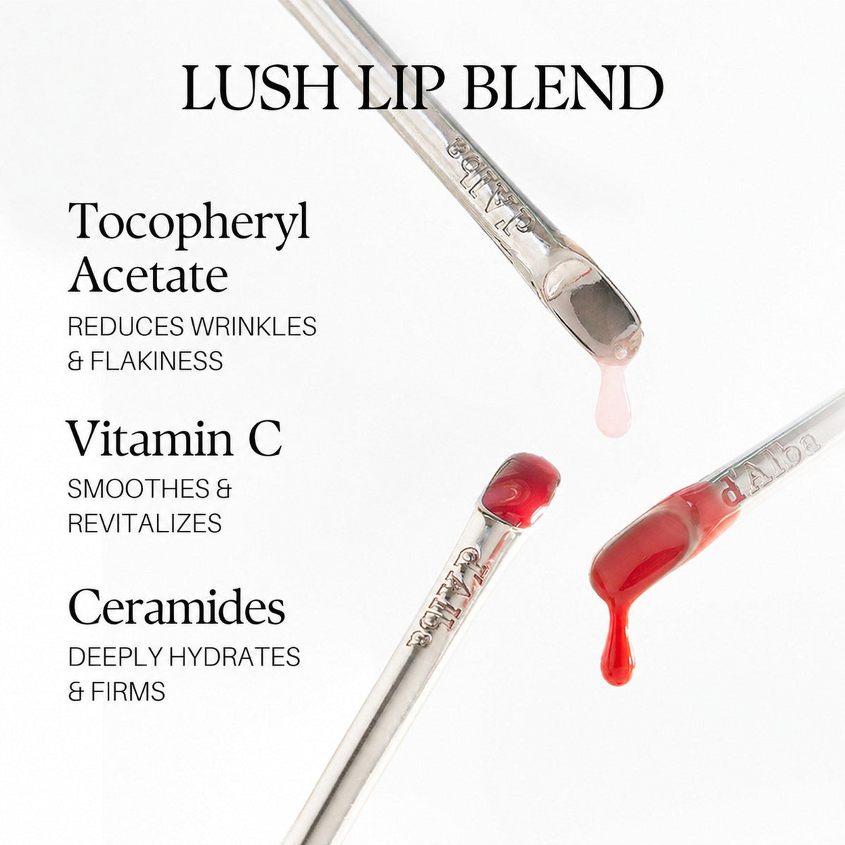 d'Alba Plumping Lip Glow Lush Lip Blend ingredient infographic: Tocopheryl Acetate,Vitamin C,Ceramides