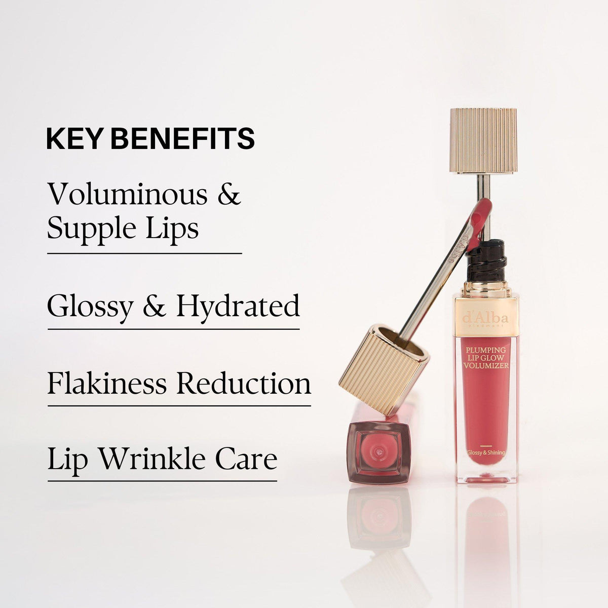 d'Alba Plumping Lip Glow d’Alba Plumping Lip Glow key benefits: supple glossy hydrated lips, flakiness reduction and lip wrinkle care