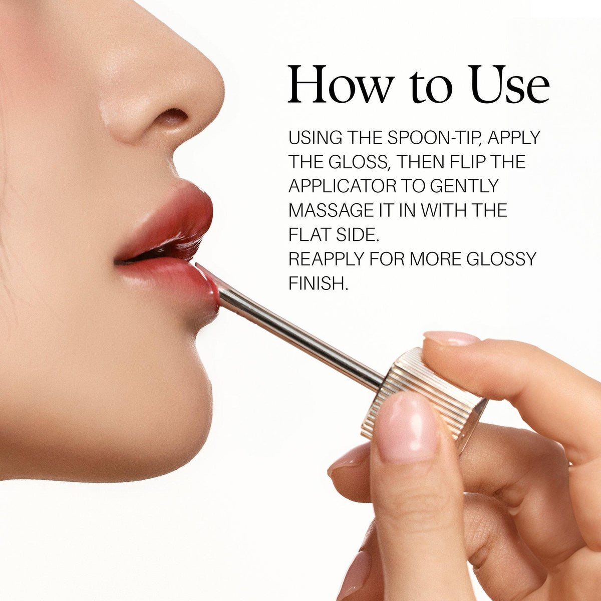 d'Alba Plumping Lip Glow How to Use gold spoon-tip/flat-side directions with lip application
