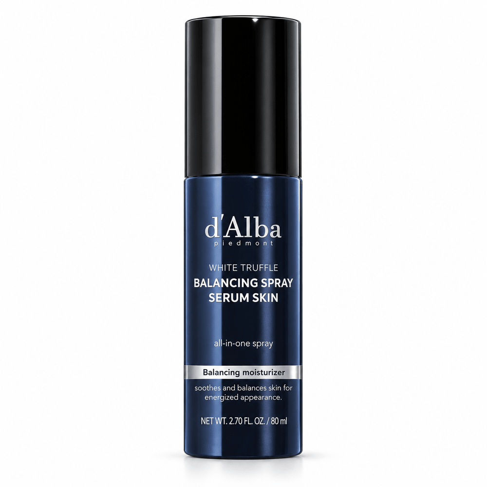 d'Alba White Truffle Balancing Spray Serum Skin 80mL navy bottle with black cap on white background
