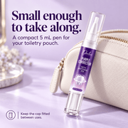 Compact Danliss 5 mL purple corrector pen beside a toiletry pouch