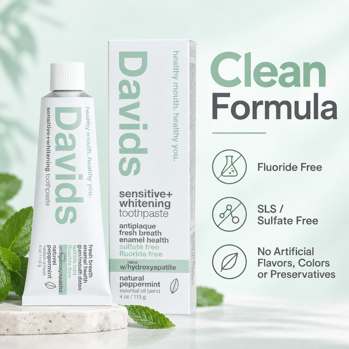 Davids Hydroxi fluoride free and sulfate free toothpaste infographic